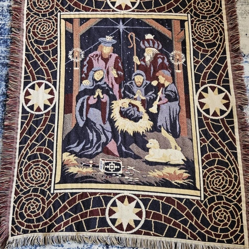 Crown Crafts Christmas Throw Nativity Scene Blanket 48”x58” Mary Joseph Jesus